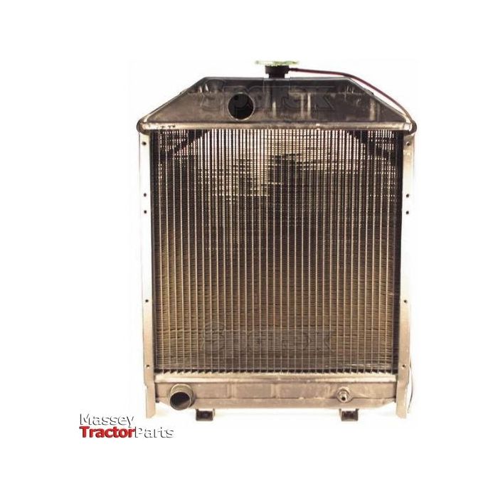 A metal radiator (Radiator - S.42802) for a Massey Ferguson tractor, featuring visible cooling fins, connection points, and a sturdy radiator cap. The logo "Massey Tractor Parts" is displayed in the bottom left corner of this Sparex product.
