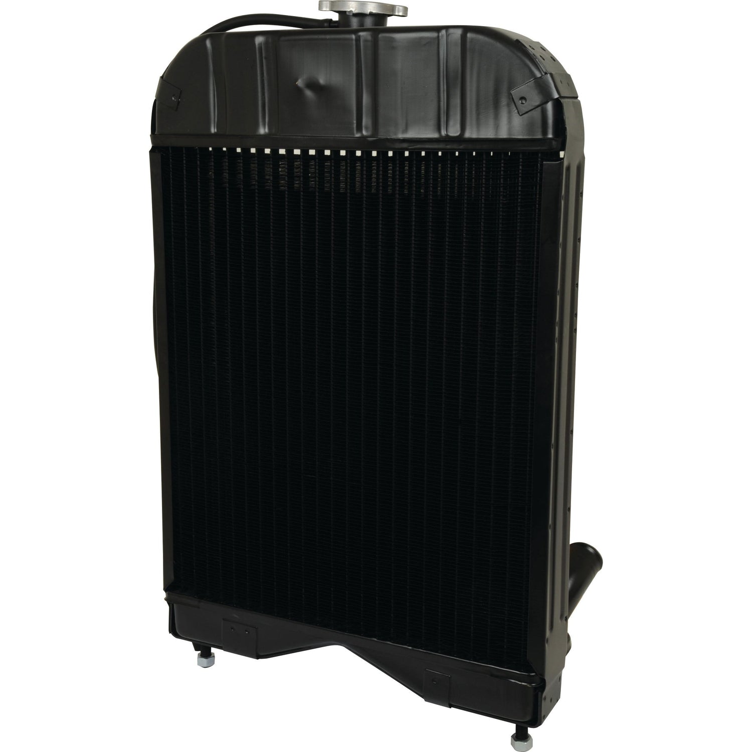 The Sparex Radiator - S.43561, designed for engine cooling in a 23C 4 Cyl Diesel Engine, is black with a silver radiator cap on top and is showcased standing upright against a white background.