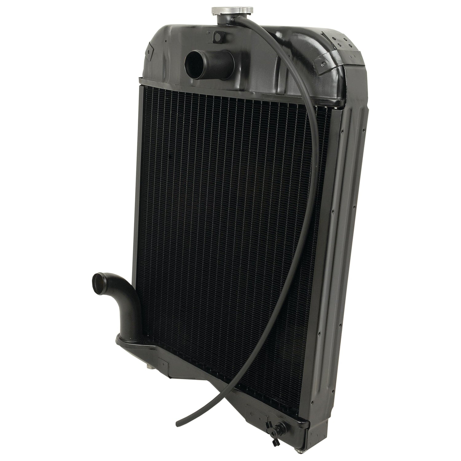 The Sparex Radiator - S.43653 is a vertical black automotive intercooler equipped with a cap on top, two visible hose connections, and a long hose attached.
