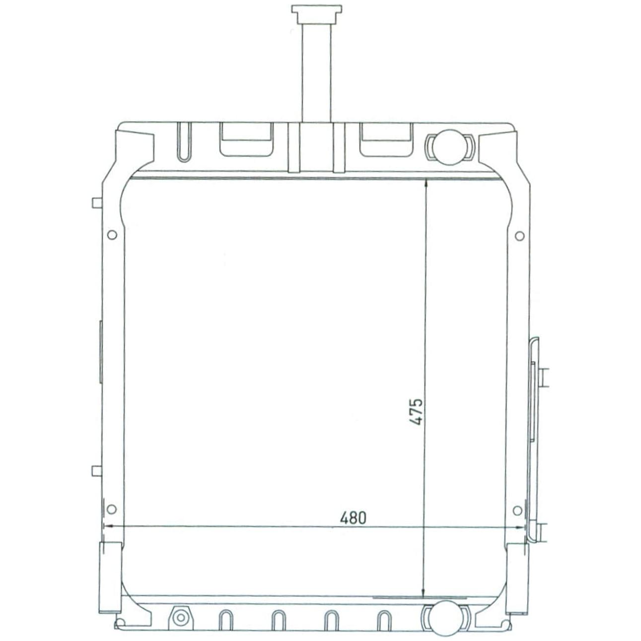 Technical drawing of a rectangular frame with external dimensions labeled as 480 mm wide and 475 mm high. The frame, designed specifically for Sparex, includes various structural details and extensions suitable for housing coolers or featuring the Radiator Cap - S.57258 by Sparex.