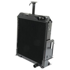 Image of a black metal radiator for an automotive cooling system, featuring a Sparex Radiator Cap - S.57258 and inlet/outlet pipes visible.