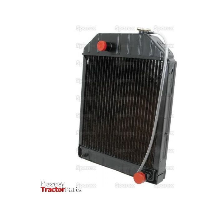 A Radiator - S.60681 with black cooling fins and red cap fittings, depicted against a plain white background. The image includes the logos of Massey Tractor Parts and Sparex, the product's brand name.