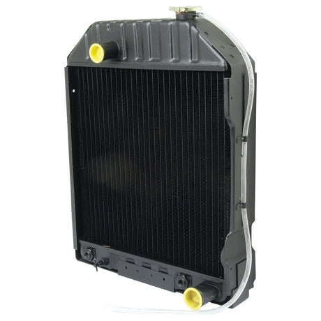 The Radiator - S.61528 from Sparex, featuring a black cooling core with yellow-capped inlet and outlet ports at the top right and bottom left corners, is compatible with Sparex parts for a reliable fit.