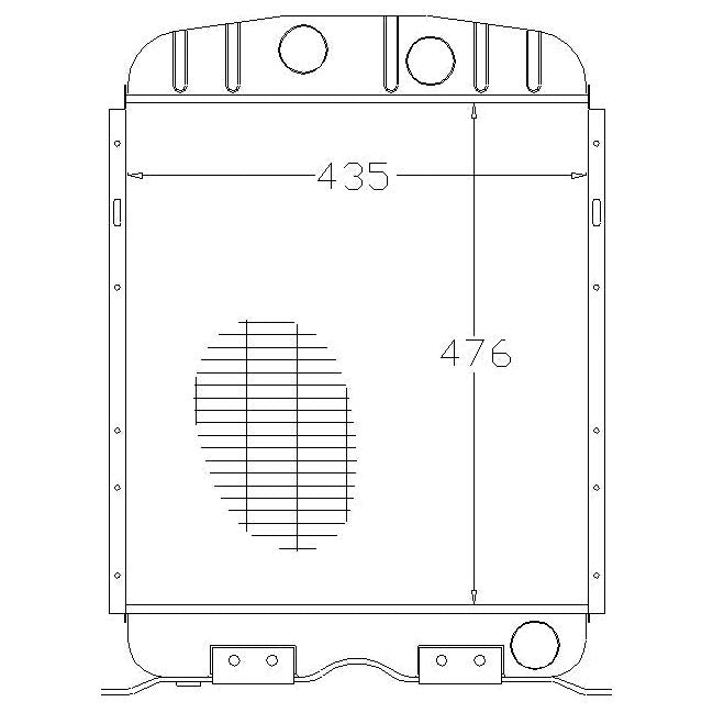 Technical drawing of a rectangular object with dimensions labeled as 435 and 476. There are two circular cutouts at the top and an oval-shaped mesh detail in the center, resembling a Sparex product like the Radiator Cap - S.66957 for a 3 Row system.