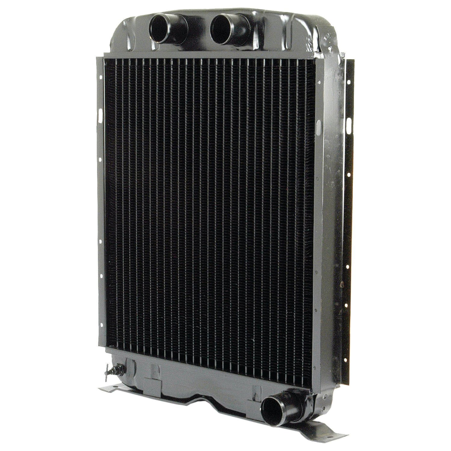 A Radiator Cap - S.66957 from Sparex, designed for efficient engine cooling, features a three-row black automotive radiator with multiple cooling fins and top and bottom hose connections.