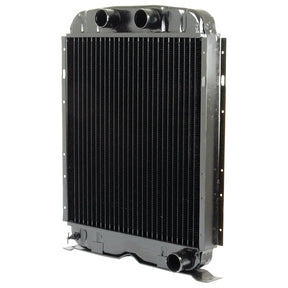 A Radiator Cap - S.66957 from Sparex, designed for efficient engine cooling, features a three-row black automotive radiator with multiple cooling fins and top and bottom hose connections.