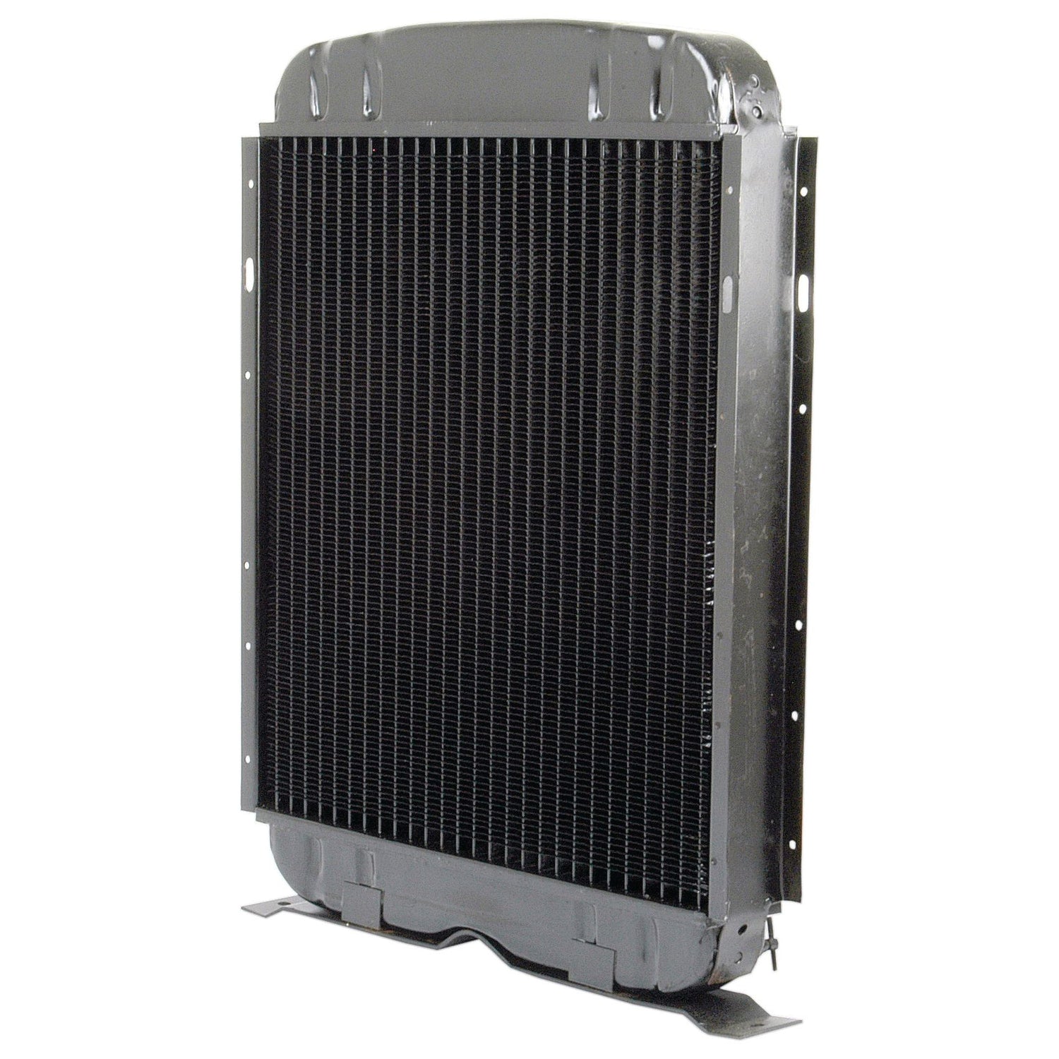 A vertical black metal radiator with a rectangular shape, multiple horizontal fins, and mounting brackets on the sides. This Sparex Radiator Cap - S.66957 is designed for both efficiency and style.