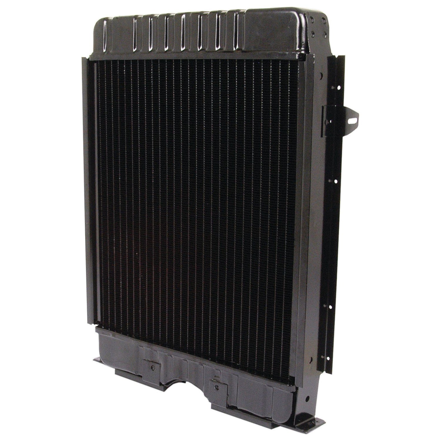 Image of a black automotive radiator, specifically the Radiator - S.67948 from Sparex, standing upright with vertical cooling fins and a sturdy rectangular frame.