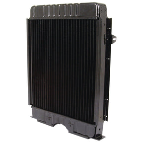 Image of a black automotive radiator, specifically the Radiator - S.67948 from Sparex, standing upright with vertical cooling fins and a sturdy rectangular frame.