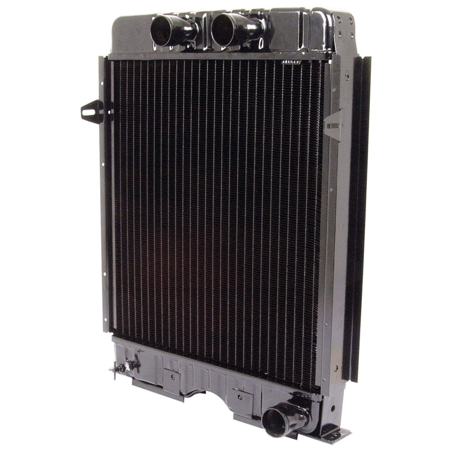 A vertical, black Sparex Radiator - S.67948 with fins and multiple inlet and outlet connections at the top and bottom.