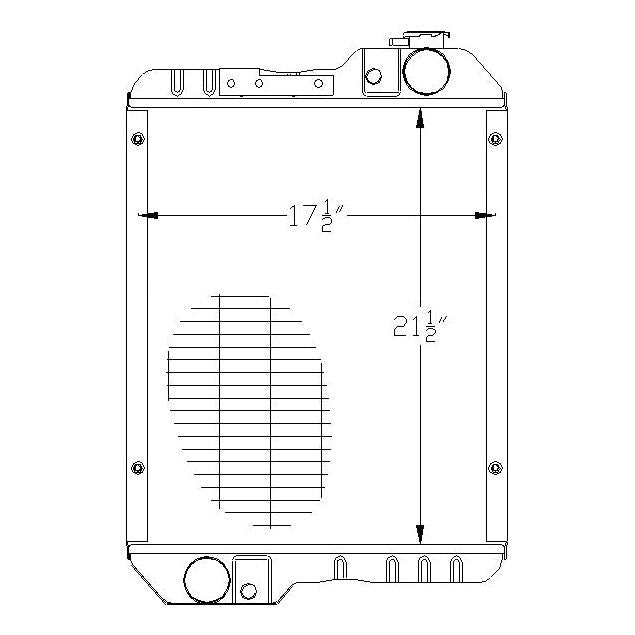 Technical drawing of the Radiator - S.73804 by Sparex, featuring an overall width of 17.5 inches and an overall height, including the radiator cap, of 21.5 inches.