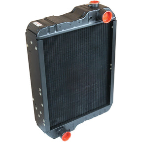 Image of the Sparex Radiator - S.73804, featuring two orange radiator caps on the top and bottom corners. The black automotive radiator displays a metal grid and several screws visible on the sides, highlighting its overall width and sturdy construction.