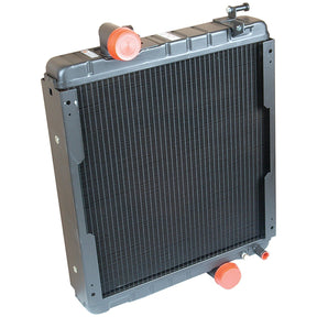 Image of the Radiator - S.73824 by Sparex, featuring plastic caps on the inlet and outlet openings. Designed for automotive or industrial cooling applications, this high-quality cooler ensures optimal performance and reliability.