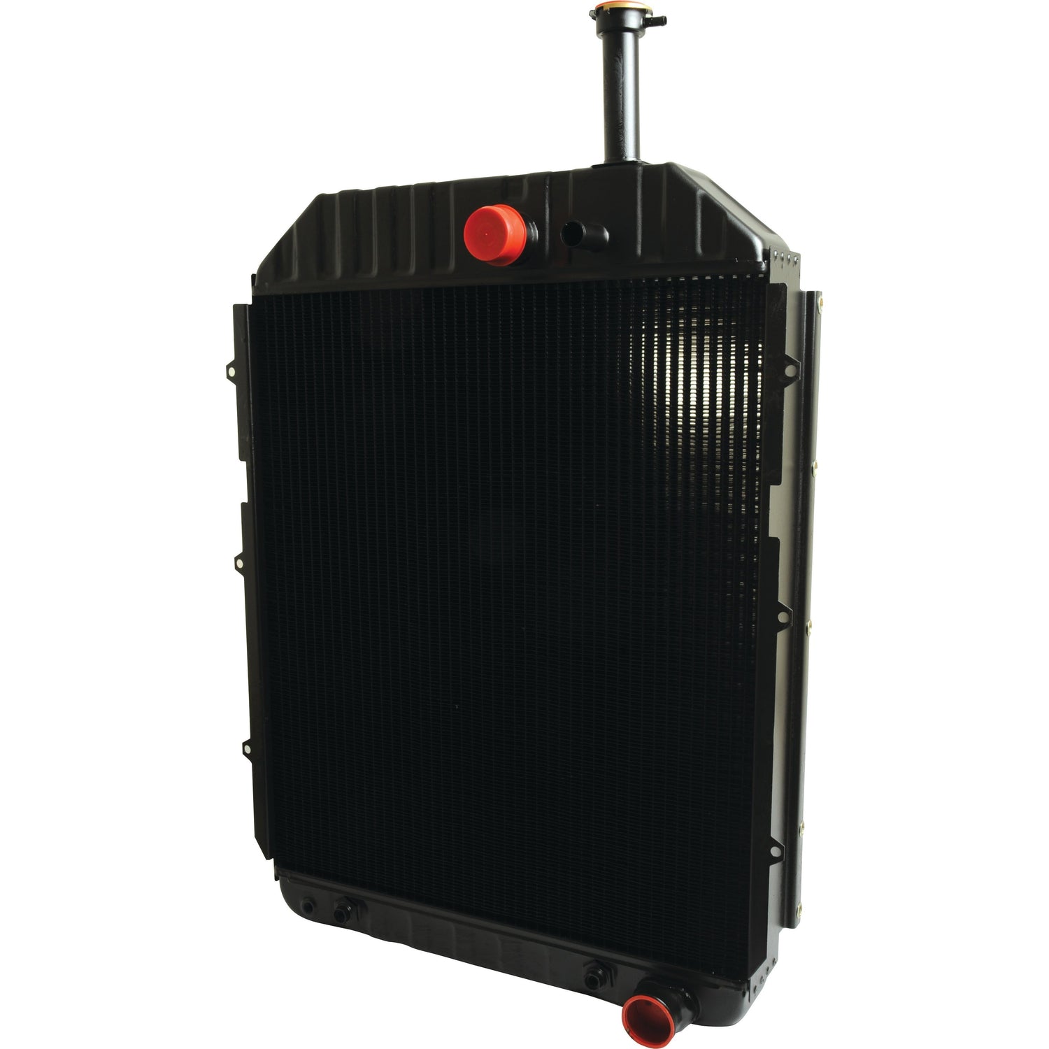 A black Sparex Radiator - S.73842 with a red cap on the top right corner and another opening with a red cap on the bottom left corner.