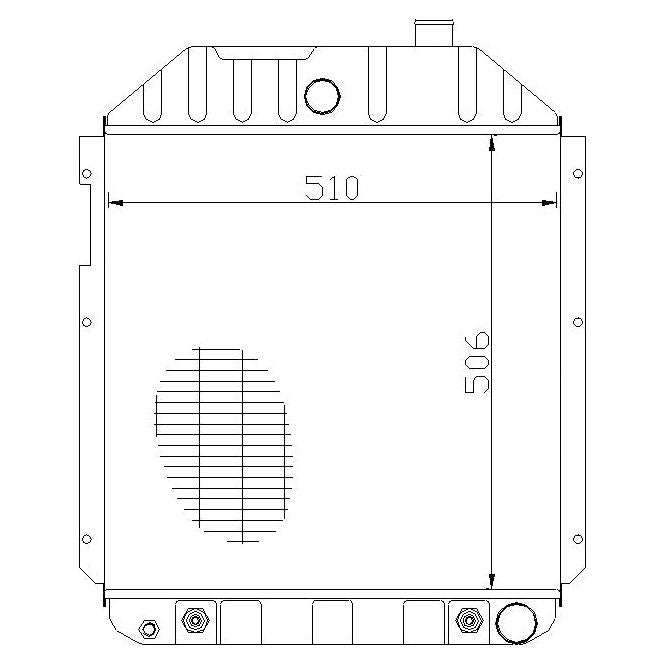 Technical drawing of a rectangular component, identified as the Sparex Radiator - S.73844, with dimensions 510mm by 506mm marked. The drawing shows details of fittings, a vented section, and edges with various mounts and fixtures. It also illustrates the placement of the Sparex radiator cap.