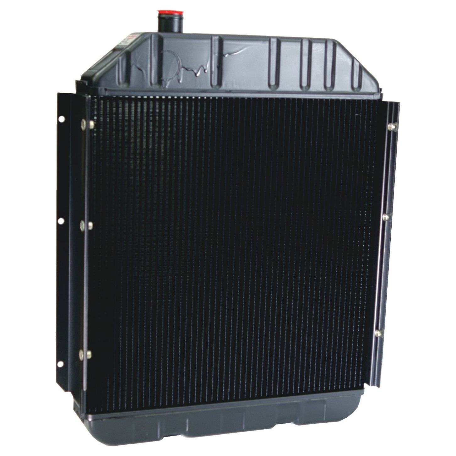 Image of a black automotive radiator with a metal top and bottom, identified as Radiator - S.73844 by Sparex, featuring a red radiator cap on the top side.