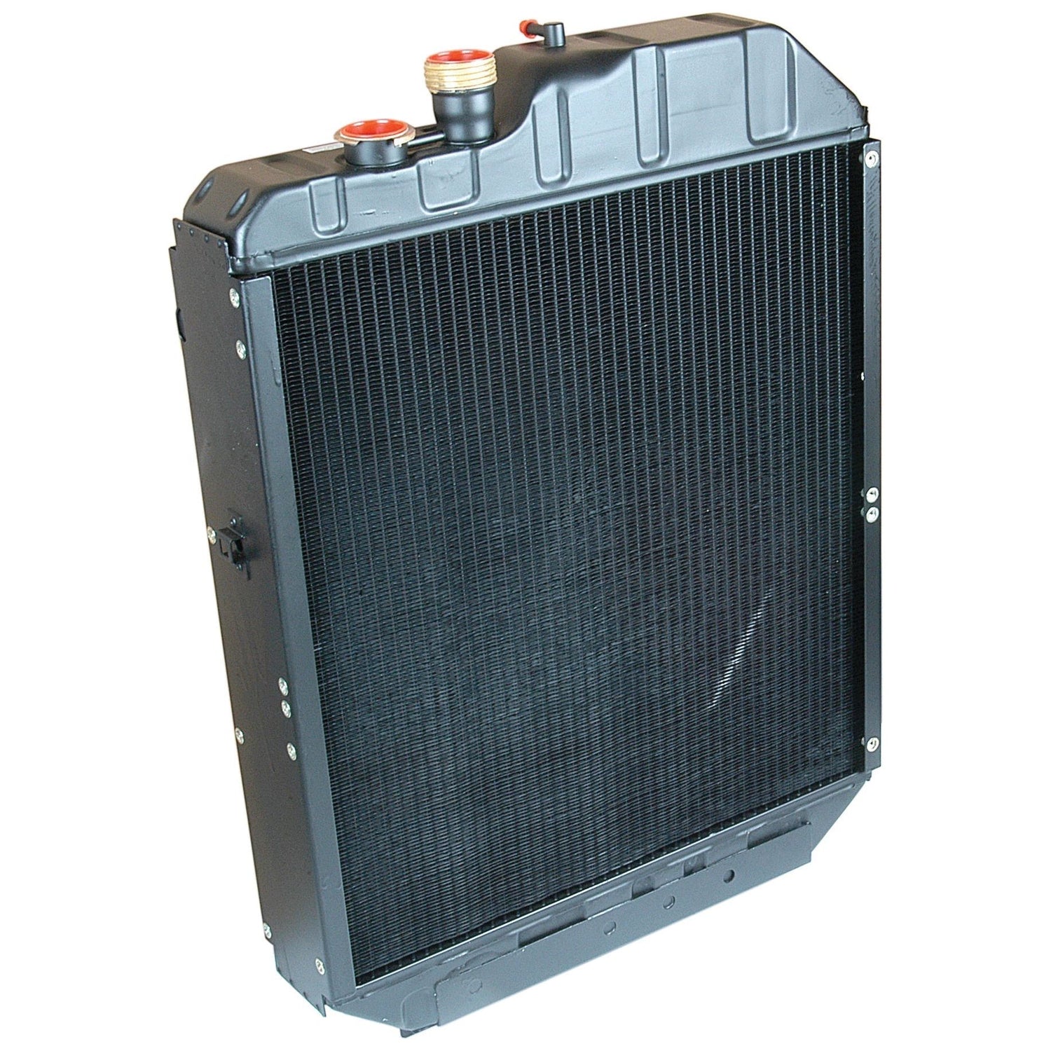 Image of the Radiator - S.73865 by Sparex, a black automotive radiator with visible cooling fins, featuring two connectors at the top and a Sparex radiator cap.