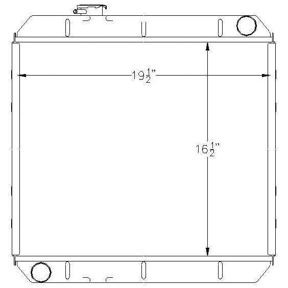 Technical diagram of the Radiator - S.73867 by Sparex, showcasing its square shape with dimensions width 19.5 inches and height 16.5 inches. Inlet and outlet Ø38mm, along with outlets and mounting points, are depicted on the sides.