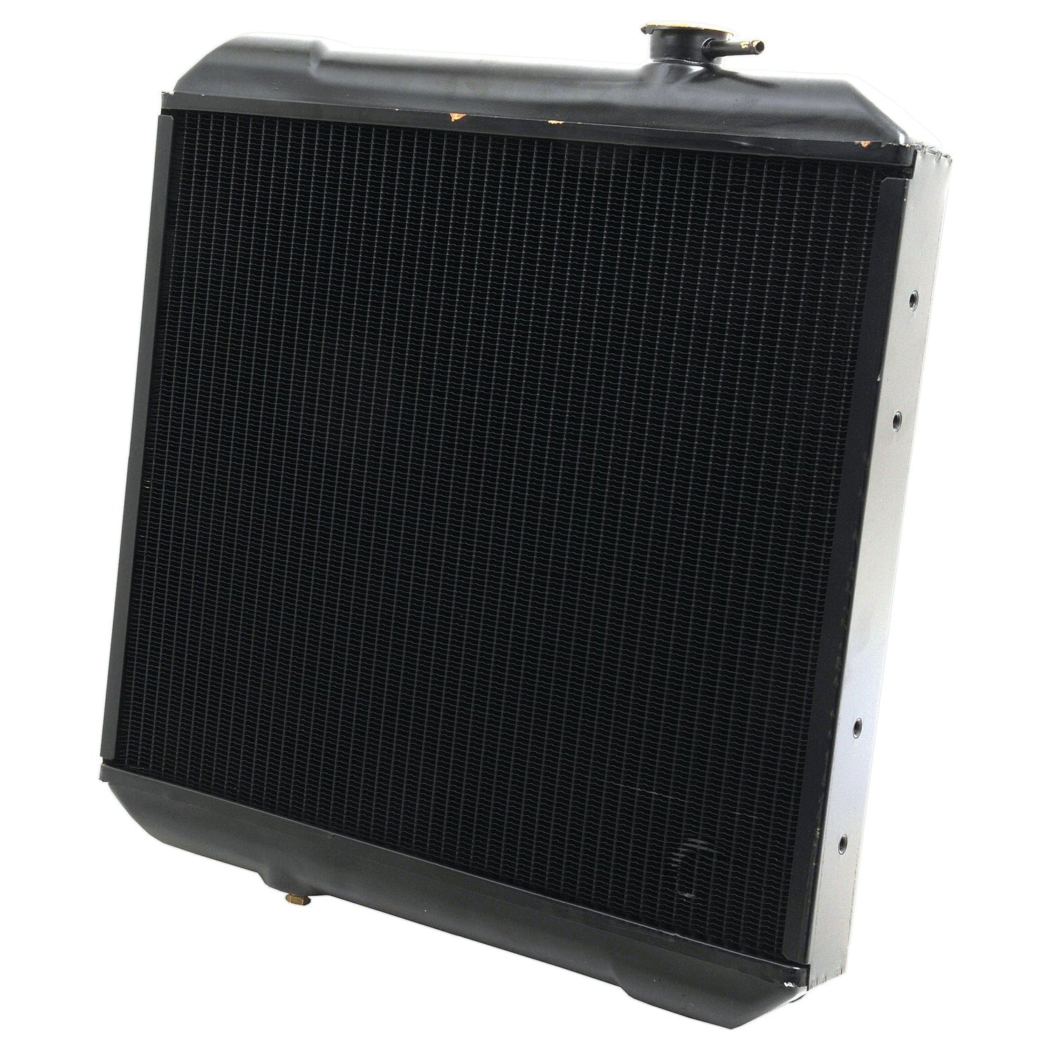 The Sparex Radiator - S.73867 is a black automotive radiator featuring a metal frame, an upper coolant inlet with a diameter of 38mm, and comes with a secure radiator cap.