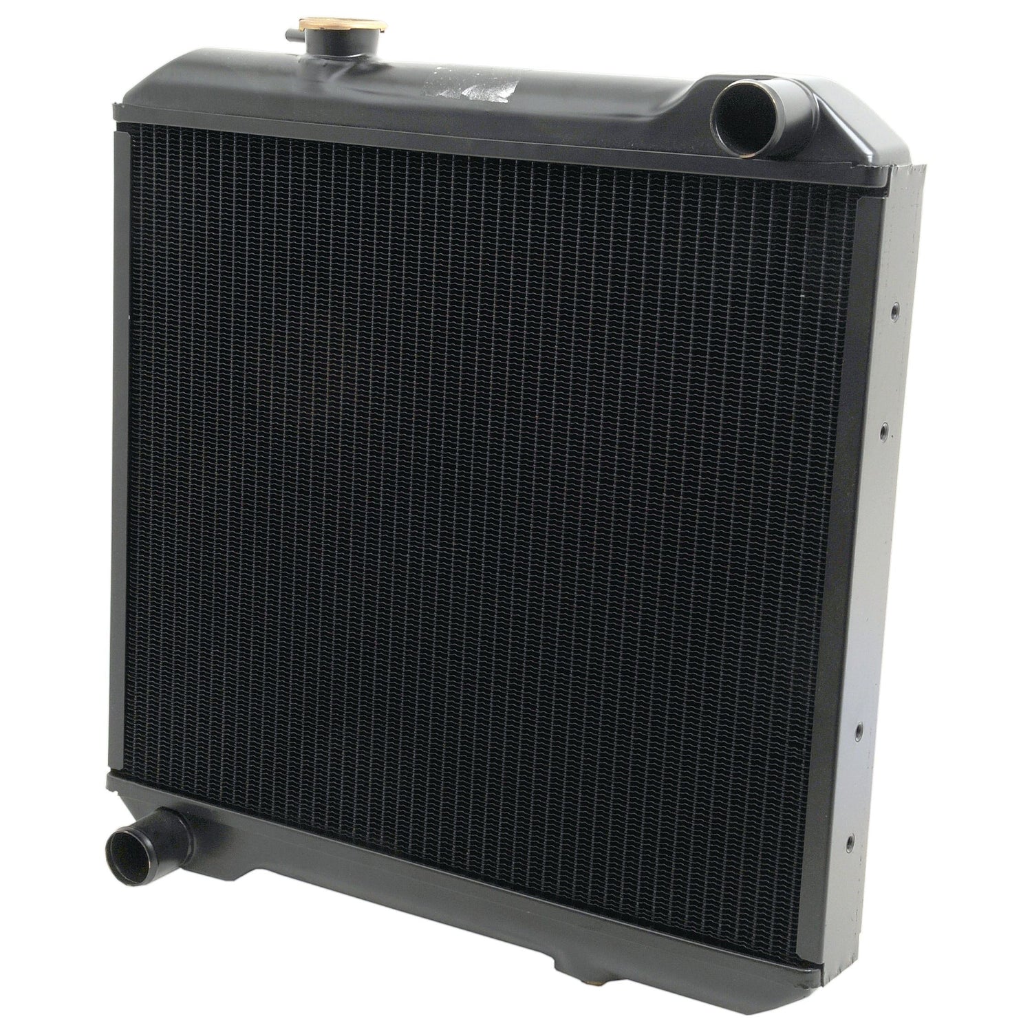 A black car radiator, branded Sparex and identified as Radiator - S.73867, featuring a Radiator Cap on top, an inlet Ø38mm situated on the top right, and an outlet Ø38mm located on the bottom left.