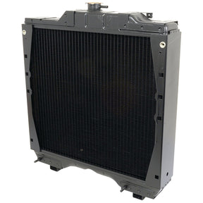 Close-up view of the Radiator - S.73868 by Sparex, featuring a black exterior with metal fins and mounting points, showcasing its overall height of 605mm.