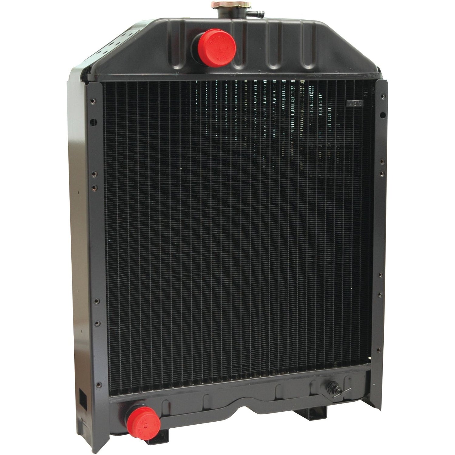 The Sparex Radiator - S.73878, a black automotive component featuring red caps on the top and bottom pipes, exemplifies quality in car parts.