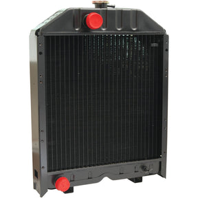 The Sparex Radiator - S.73878, a black automotive component featuring red caps on the top and bottom pipes, exemplifies quality in car parts.