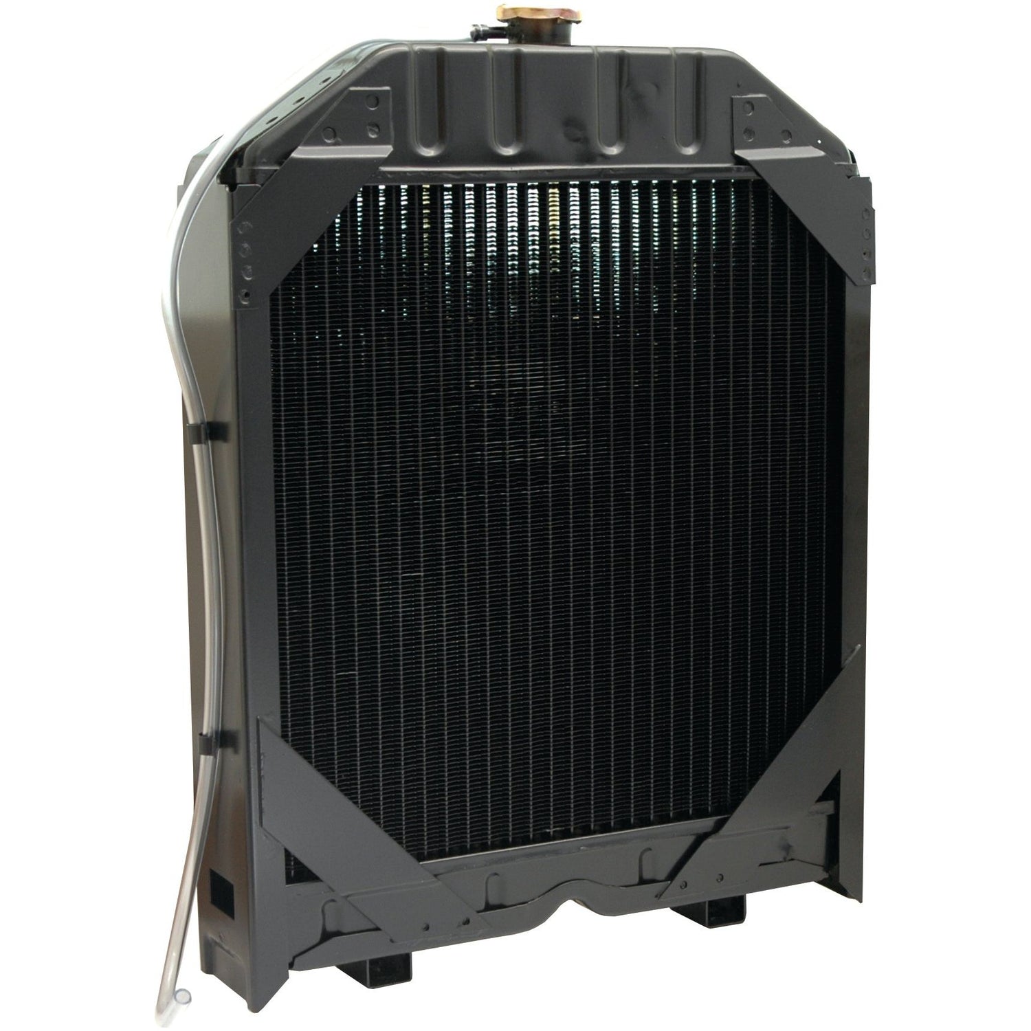 A black industrial radiator, Product Name: Radiator - S.73878, with a metal frame and cooling fins, designed by Sparex for heat exchange in machinery or vehicles.