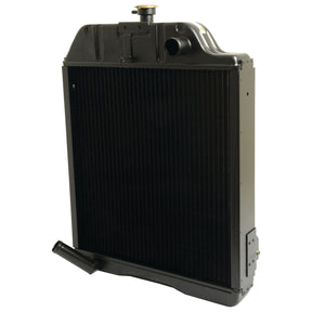 The Sparex Radiator - S.73882, in black, features a top cap with a Ø38mm upper hose connection on the right and a lower hose connection on the left, making it ideal for engine cooling.