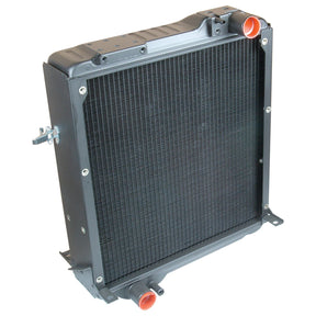 Image of the Radiator - S.73887 by Sparex, a black automotive radiator featuring red inlet and outlet pipes, vertical cooling fins, and side mounting brackets showcasing its overall width.