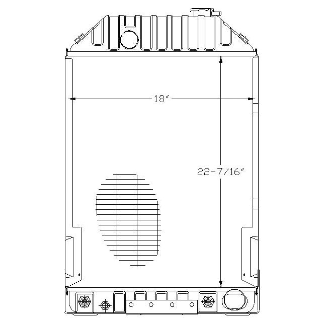 Technical drawing of a Radiator - S.73894 by Sparex, with dimensions of 18 inches in width and 22-7/16 inches in height, featuring detailed components and structures.
