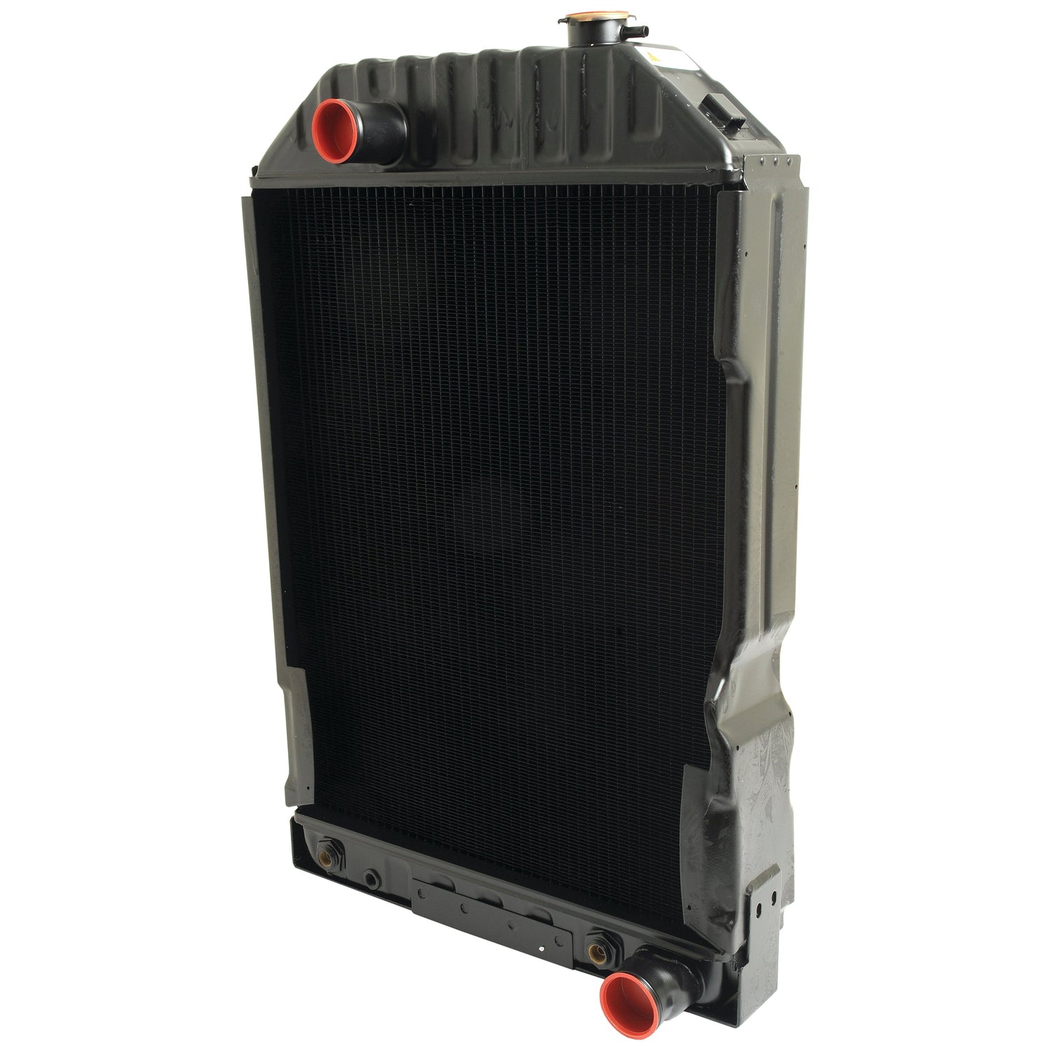 The Sparex Radiator - S.73894 is a vertical automotive radiator that boasts two red-capped inlets/outlets and a black grille, meticulously designed for optimal performance.