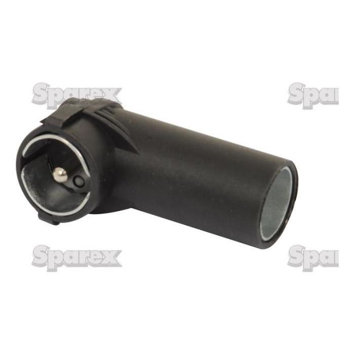 A black cylindrical electrical connector with a metal interior and a small metal pin, ideal for DIN to ISO conversions. The background prominently features the word "Sparex." This product is identified as the Radio Aerial End DIN to ISO Radio, Sparex Part No. S.25743.