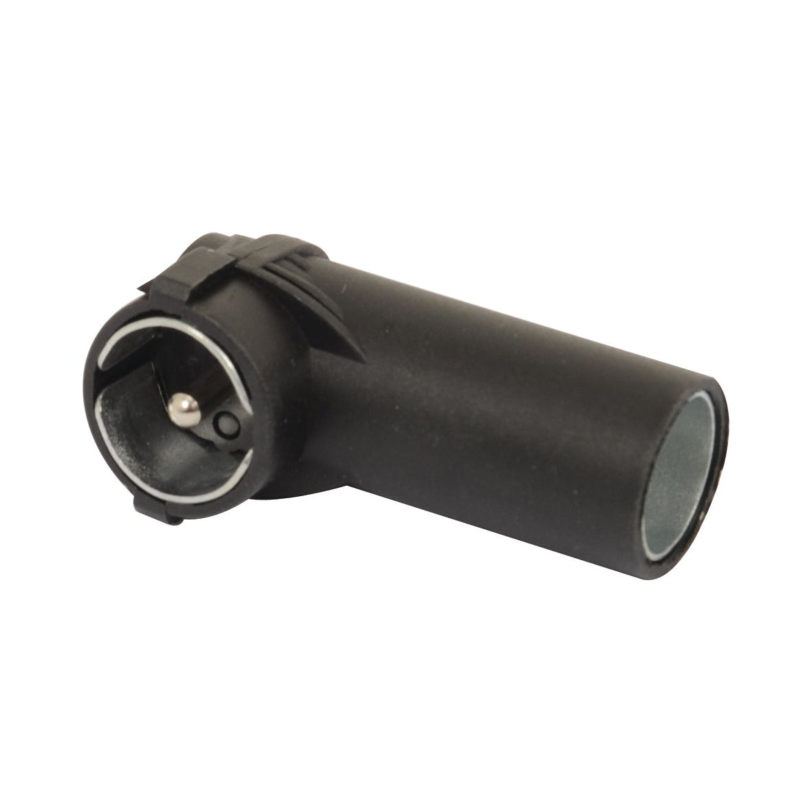 Close-up of a black cylindrical electronic connector with a metal pin inside one end, resembling the Sparex Radio Aerial End DIN to ISO Radio (Sparex Part No.S.25743).