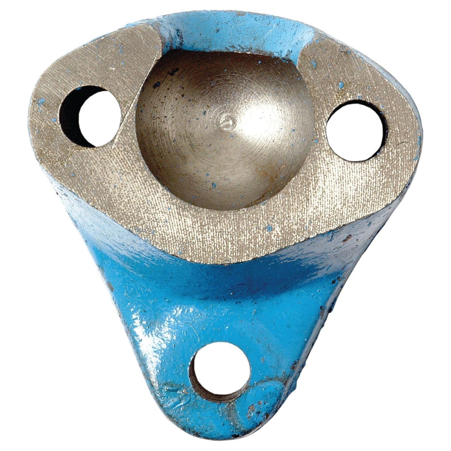A blue and silver metal component with a concave opening and three surrounding holes, designed specifically as a Sparex Radius Rod Socket for Ford / New Holland machinery. 

Rewritten using Product Data:
A blue and silver metal component with a concave opening and three surrounding holes, designed as the Sparex Radius Rod Socket (Sparex Part No. S.60458) for Ford / New Holland machinery.