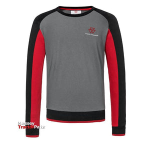 The Massey Ferguson - Raglan Sweatshirt (X993412209) by AGCO is a high-quality, long-sleeved gray shirt with red and black raglan sleeves. It features a small MF logo on the chest with the brand name "Massey Ferguson" underneath it.