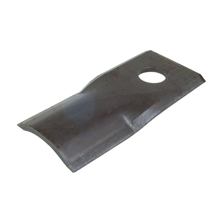 The Sparex Mower Blade is a rectangular, slightly curved metal blade with a hole near one end, designed for attachment or mounting. This tapered blade measures 117 x 55x4mm with a hole diameter of 19mm and is compatible with both RH & LH fittings. It serves as a replacement for Krone OE Reference 1398000 (Sparex Part No.S.78174).