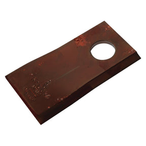 A rectangular, brown, metallic mower blade with a hole near one end and engraved text "RADURA MADE IN DENMARK," resembling a Rasspe component. The Sparex replacement part features a twisted design with a sharp top edge and measures 94 x 48 x 4mm with a hole diameter of 19mm (Sparex Part No.S.105632).