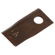 A brown, rectangular bronze object with a large hole near one end, marked with the text "POLIMACA MADE IN ITALY," resembles a Sparex Mower Blade – Twisted blade with a sharp and parallel top edge, measuring 94 x 48 x 4 mm and featuring a hole of Ø19mm. This is a right-hand replacement for BCS fitting as part number 580311927 (Sparex Part No. S.105631).