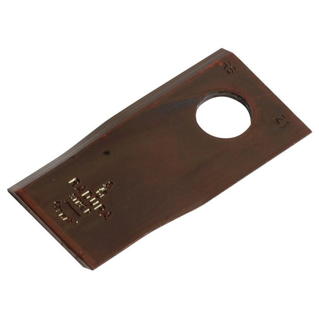 A brown, rectangular bronze object with a large hole near one end, marked with the text "POLIMACA MADE IN ITALY," resembles a Sparex Mower Blade – Twisted blade with a sharp and parallel top edge, measuring 94 x 48 x 4 mm and featuring a hole of Ø19mm. This is a right-hand replacement for BCS fitting as part number 580311927 (Sparex Part No. S.105631).