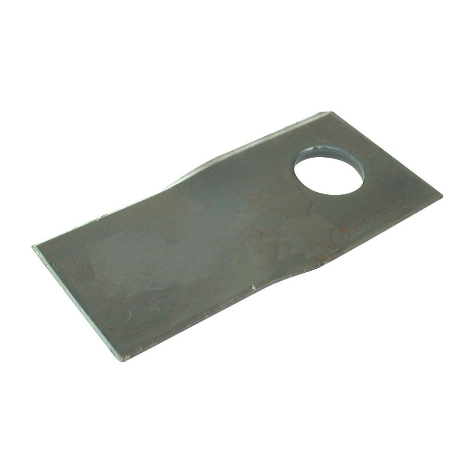 A rectangular metal Mower Blade with a hole near one end, designed for compatibility with Rasspe machinery - Twisted blade with a sharp and parallel top edge, measuring 96 x 48 x 4mm and featuring a Ø19mm hole. This right-hand replacement part fits Claas and Krone machines. Sparex Part No.S.77095 (To fit as: 4.146.691.1).