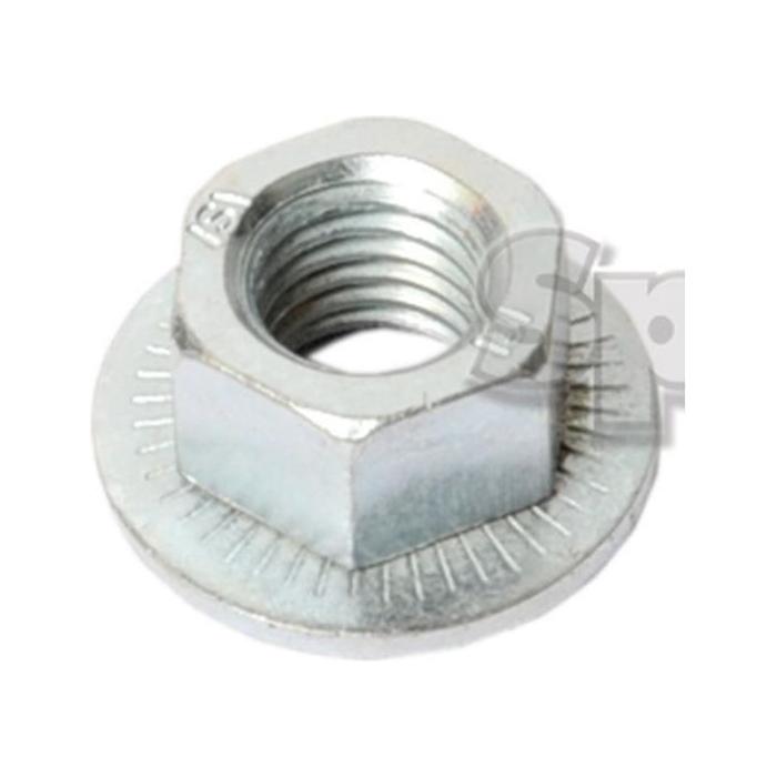 The Mower Combi Nut M12, a silver hex flange nut with a threaded interior and ridged, circular base from Sparex, is the ideal replacement part for various applications. Ensure you check the thread size to match your requirements accurately. This replacement is designed to fit Agram model 80201262 (Sparex Part No. S.105980).