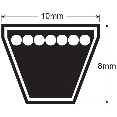 Diagram showing a trapezoid shape with six circles inside, indicating dimensions of 10mm width at the top and 8mm height, similar to the structure of a Sparex Raw Edge Moulded Cogged Belt - AVX Section - Belt No. AVX10x1150 (Sparex Part No. S.18606).
