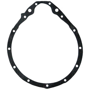 A black Sparex Rear Axle Housing Gasket (Sparex Part No. S.59675) made from cellulosic fibre board with a circular shape and multiple holes around its perimeter, displayed against a white background, is perfect for rear axle housing gaskets or specialized models like the Allis Chalmers 5040.