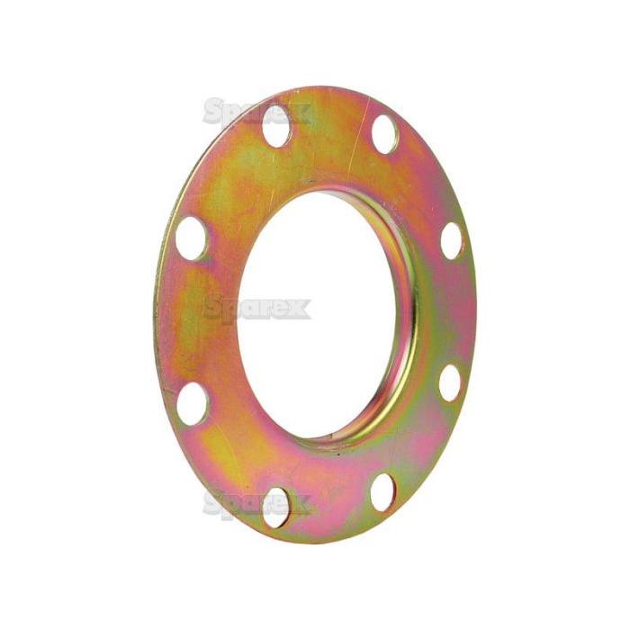 The Rear Axle Washer (Sparex Part No. S.43481) from Sparex is a metal circular flange featuring eight evenly spaced bolt holes around the perimeter and a central open area. The surface boasts a multicolored, possibly anodized finish, making it an ideal fit for a Massey Ferguson rear axle.