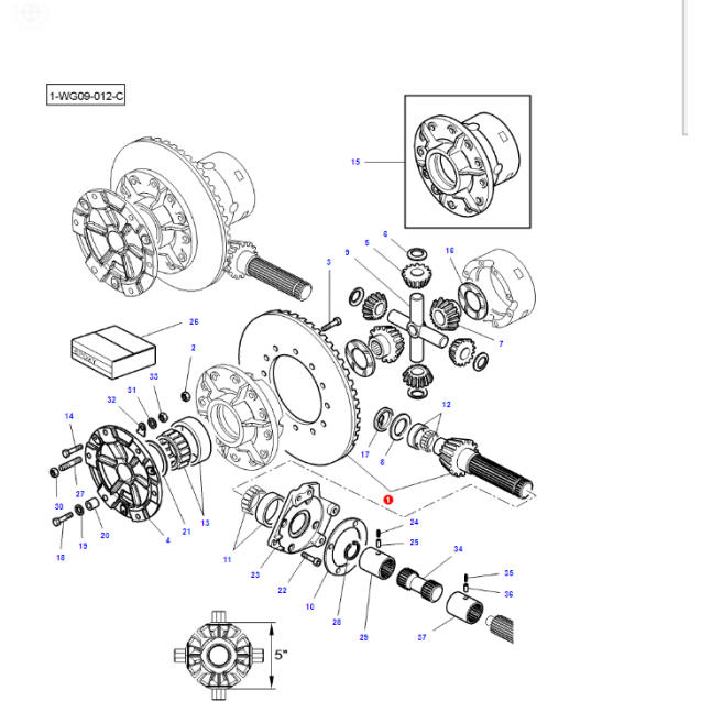 Exploded technical diagram of a Massey Ferguson mechanical assembly, featuring gears, shafts, and various components, each labeled with corresponding numbers. This detailed illustration, part of the DYNA 6 5400 Series documentation for the Massey Ferguson - Rear Bevel Gear Kit - 4358708M92 by AGCO, showcases the intricate engineering involved.