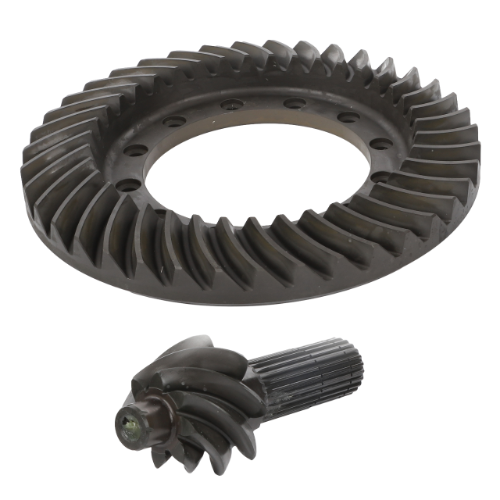 A Massey Ferguson Rear Bevel Gear Kit (model number 4358708M92) by AGCO, featuring a large ring gear with angled teeth and a smaller pinion gear, displayed on a white background.