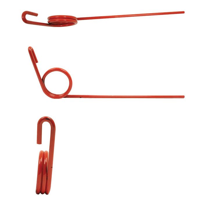 Three views of the Sparex Rear Facing Following Tine replacement for KRM, product number 7003102: top view reveals a coiled center with a hooked end, side view displays the coiled center and a straight arm, and edge view shows the thickness.