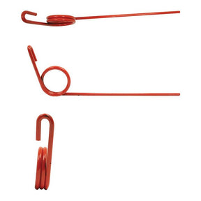 Three views of a red coiled metal spring with hooks, shown from different angles: side, front, and top views, reminiscent of the robust design seen in Sparex components like the Rear Facing Following Tine replacement for KRM (7003102) | Sparex Part No. S.78134.