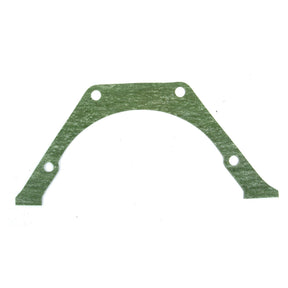 A Sparex Rear Main Housing Gasket (Sparex Part No.S.59075), made from cellulosic fibre board and featuring a green color, five holes, and an arched shape, is shown isolated on a white background.